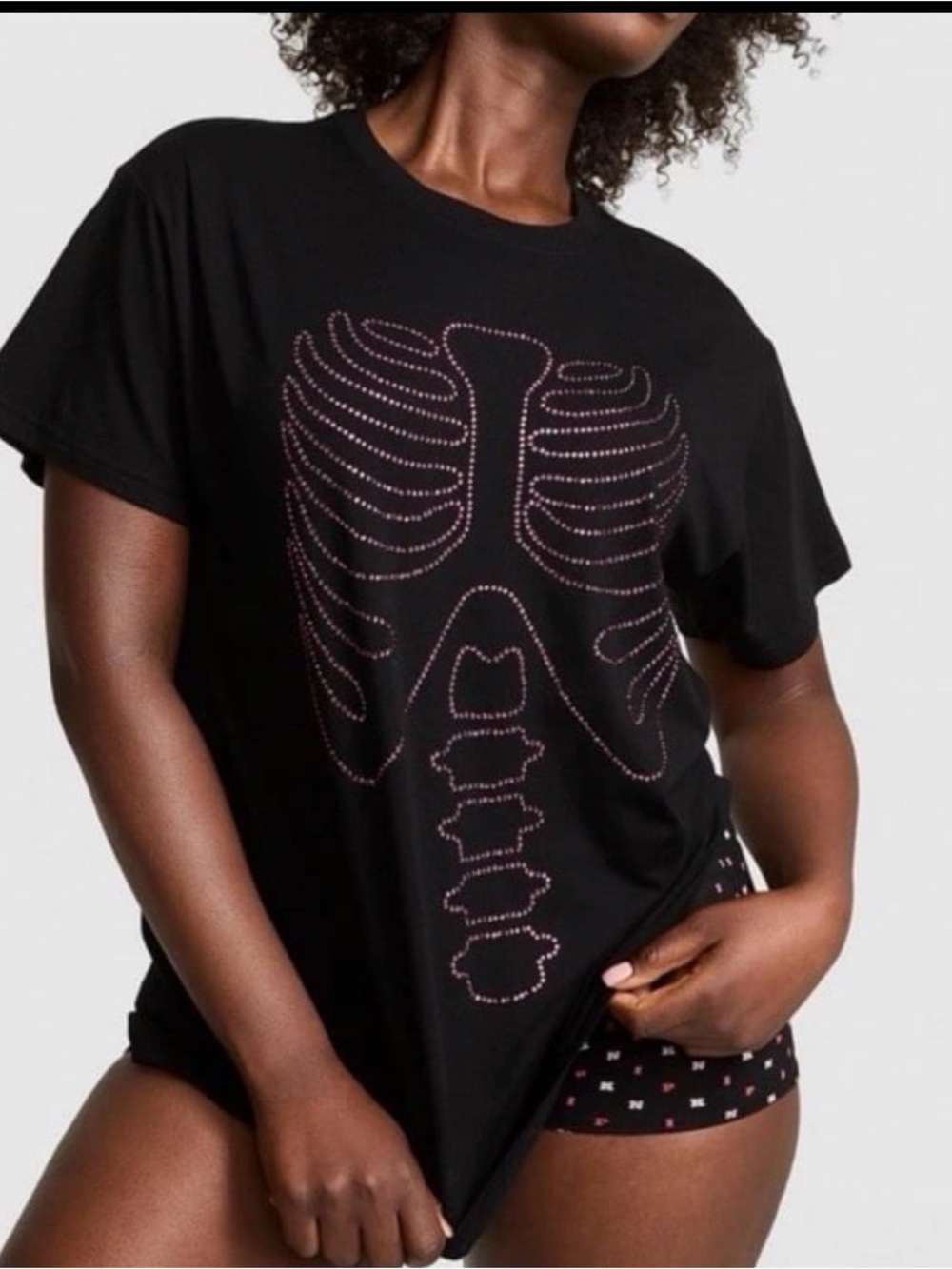PINK Victoria’s Secret Black Sequin Bling Pink Skeleton Halloween Top M